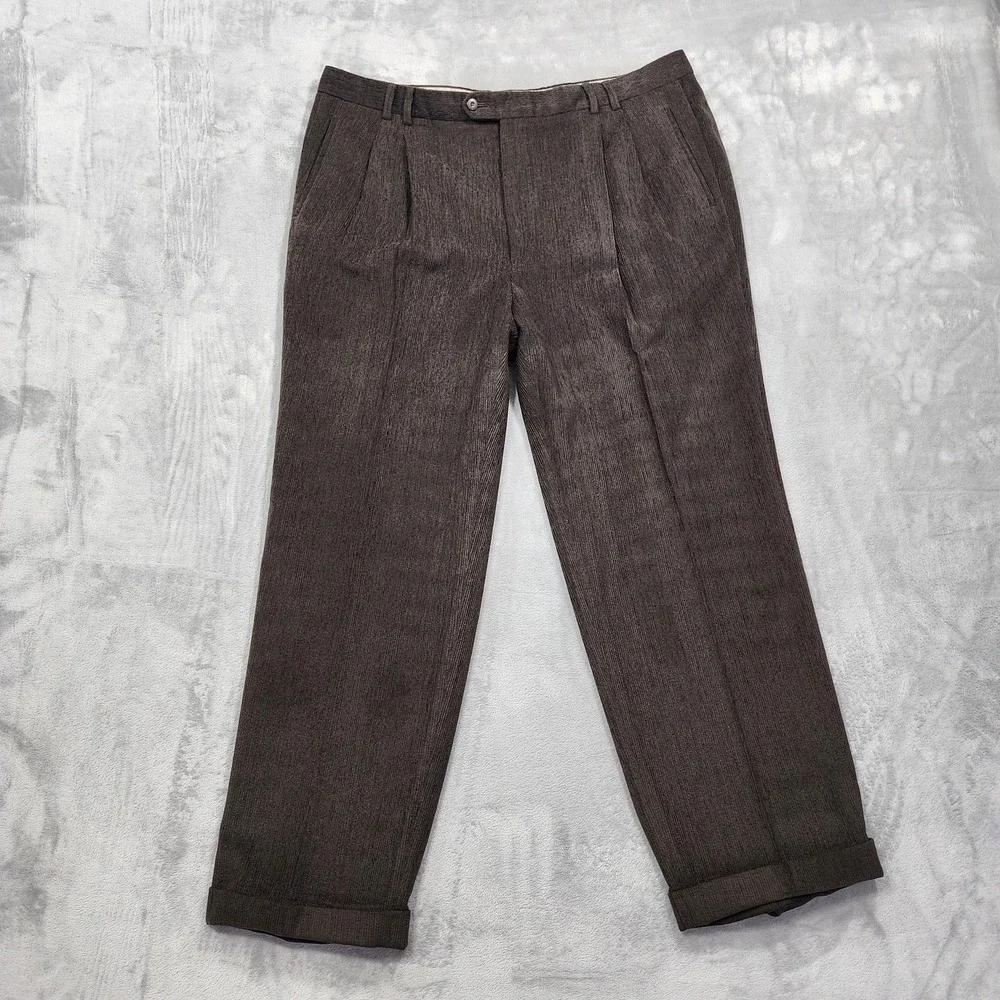 St Croix‎ Pants Mens 42x30 Brown Corduroy Pleated Cuffed Wool Blend Dress Italy